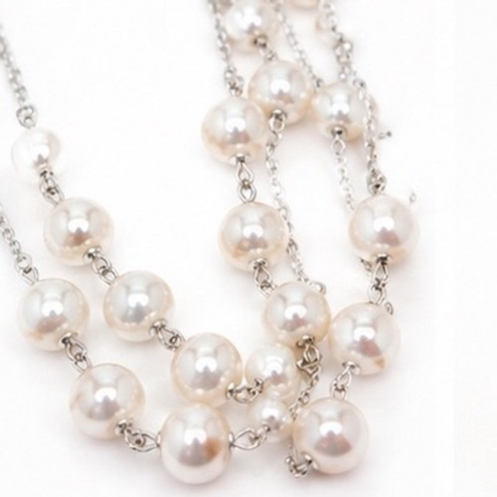 Pearlized Beads Station Necklace Silver Tone Layering Long Chain 36" w/Clasp